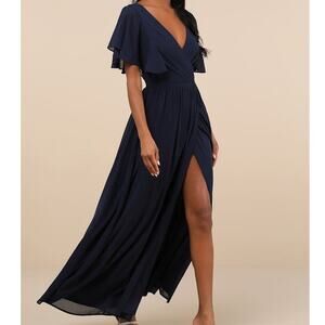 Lulus NWT Convincing Grace Navy Blue Flutter Sleeve Woven Wrap Maxi Dress Large
